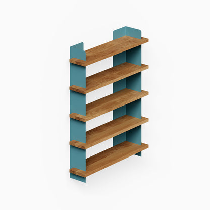 Nigel Bookshelf with five wood shelves and teal metal side panels for organized wall display and decor storage