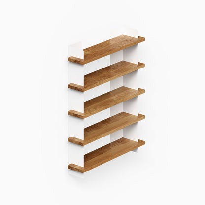 Nigel Bookshelf wall mounted wood shelving unit with five open shelves and white side supports for organized display