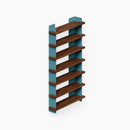Nigel Bookshelf with dark wood shelves and teal steel side supports for organized wall display and decor