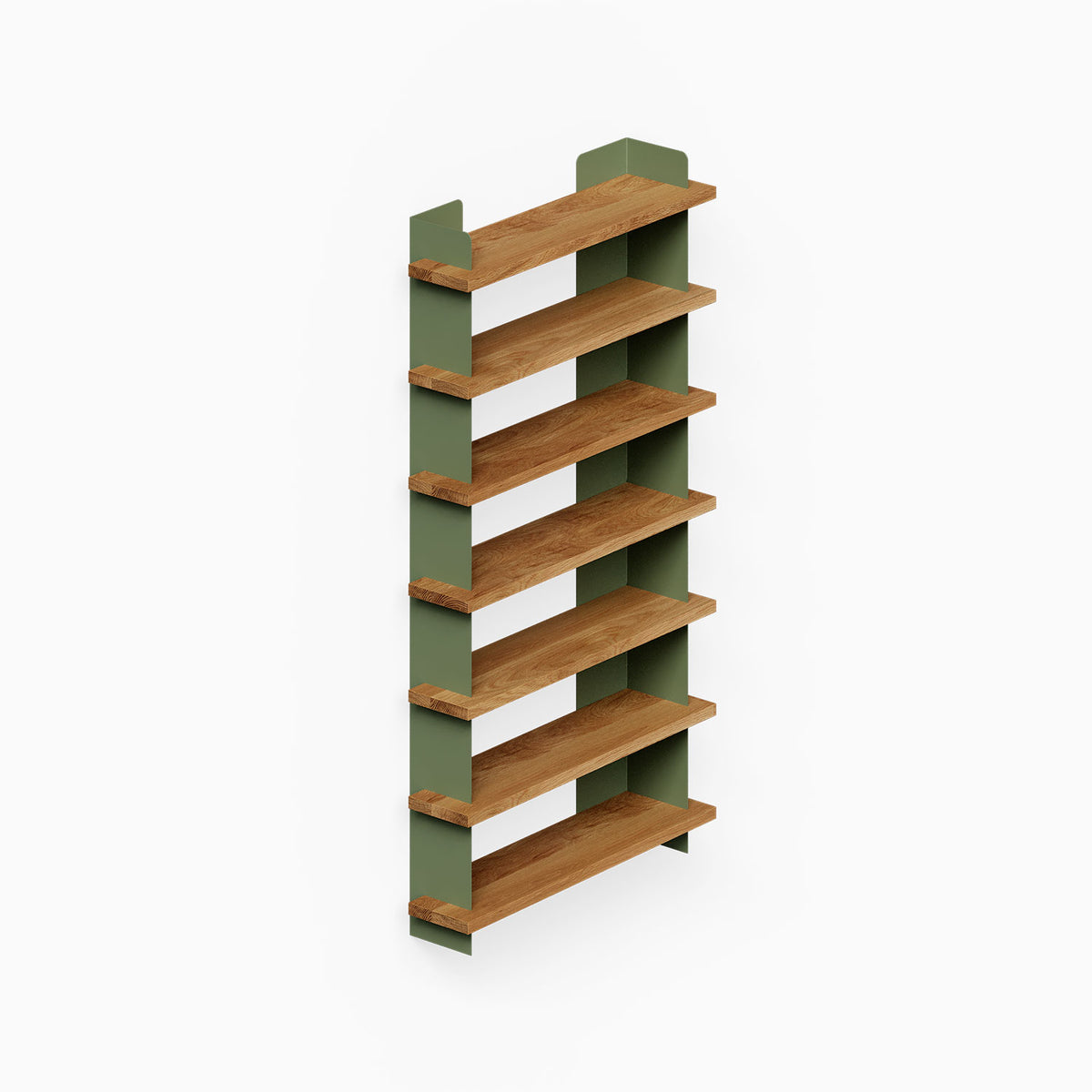 Nigel Bookshelf with multiple wood shelves and green steel side panels for organized wall display and decor