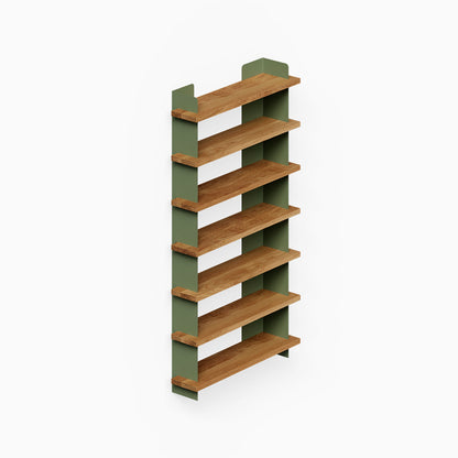Nigel Bookshelf with multiple wood shelves and green steel side panels for organized wall display and decor