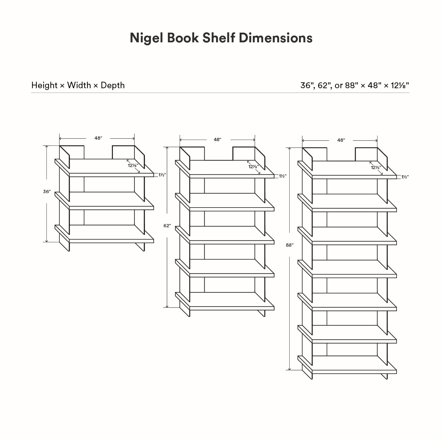 Technical line drawing showing dimensions of Nigel Bookshelf in three sizes with height variations of 36, 62, and 88 inches, width 48 inches, and depth 12.5 inches, highlighting its minimalist design for maximizing wall space and organization.