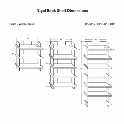 Technical line drawing showing dimensions of Nigel Bookshelf in three sizes with height variations of 36, 62, and 88 inches, width 48 inches, and depth 12.5 inches, highlighting its minimalist design for maximizing wall space and organization.