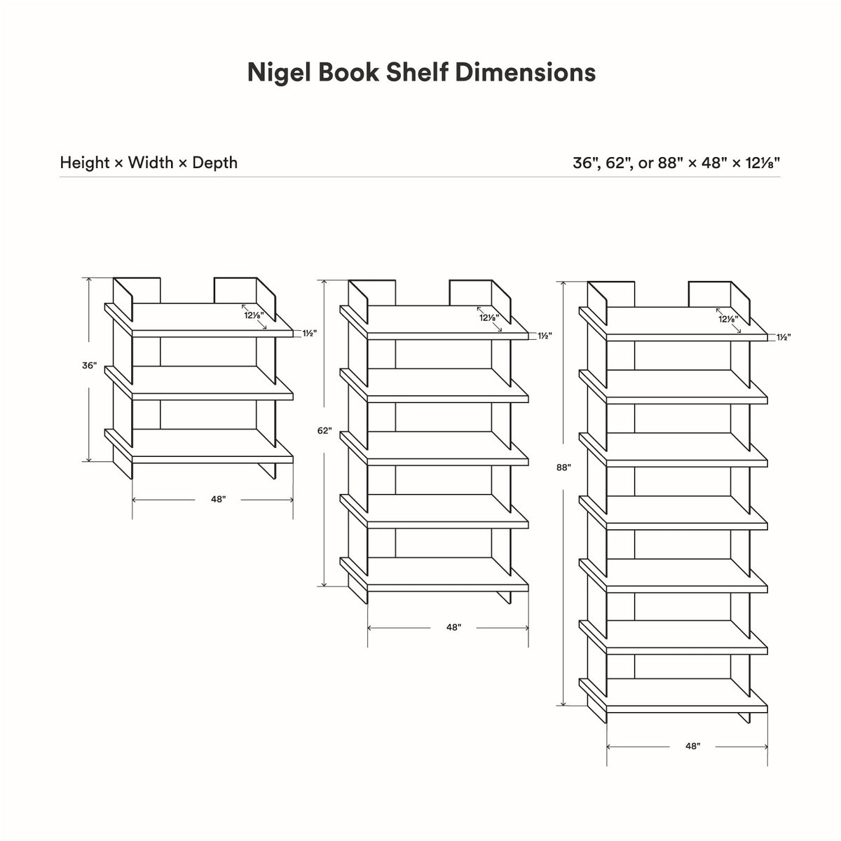 Nigel Bookshelf dimension diagram showing three wall shelf configurations with varying heights and consistent width and depth