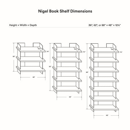 Nigel Bookshelf dimension diagram showing three wall shelf configurations with varying heights and consistent width and depth