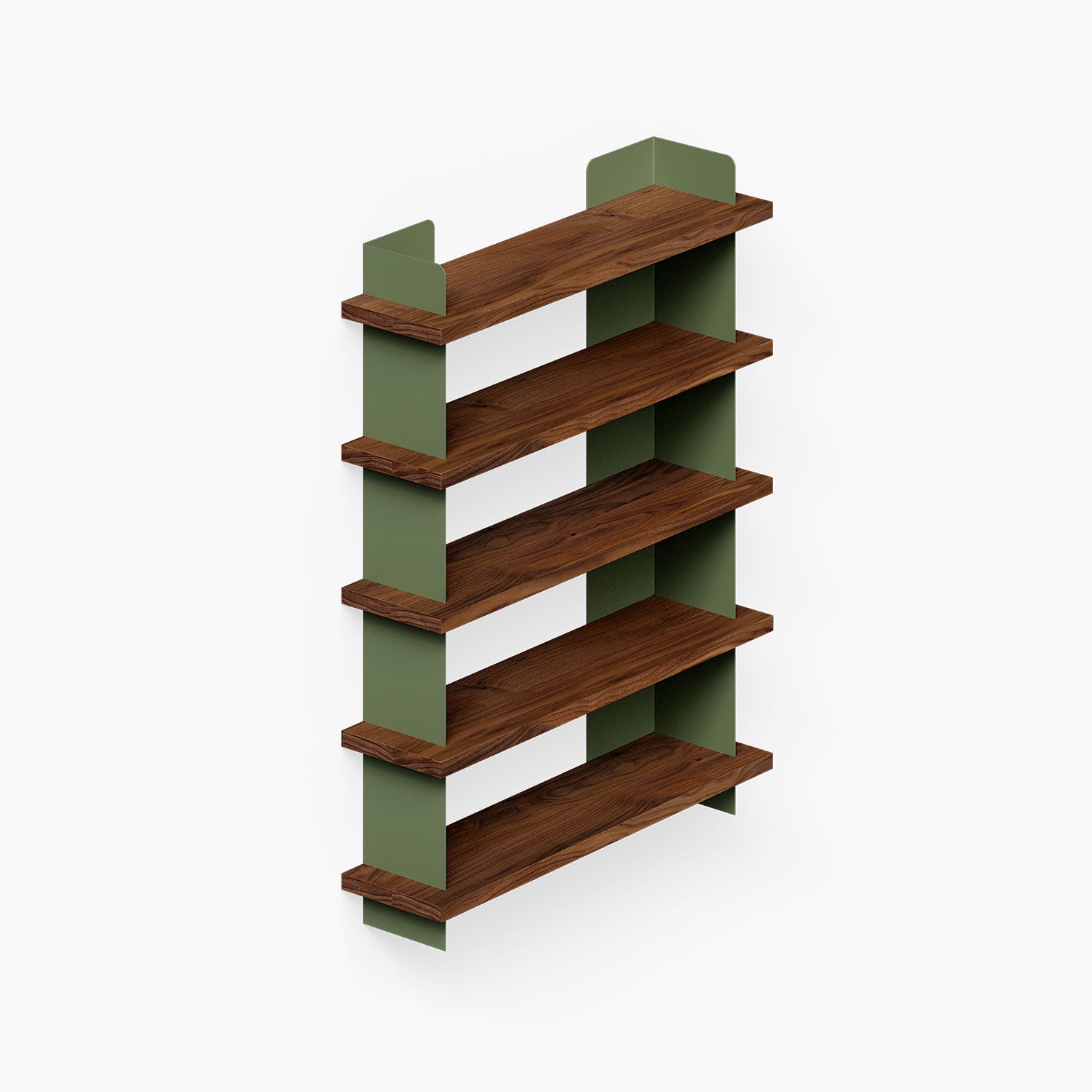 Nigel Bookshelf with five solid hardwood shelves and olive green metal supports, designed for functional, stylish wall display and organization.