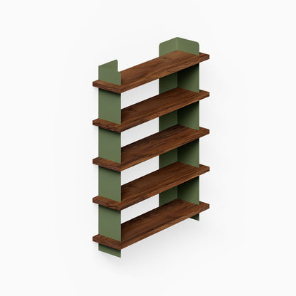 Nigel Bookshelf with five solid hardwood shelves and olive green metal supports, designed for functional, stylish wall display and organization.