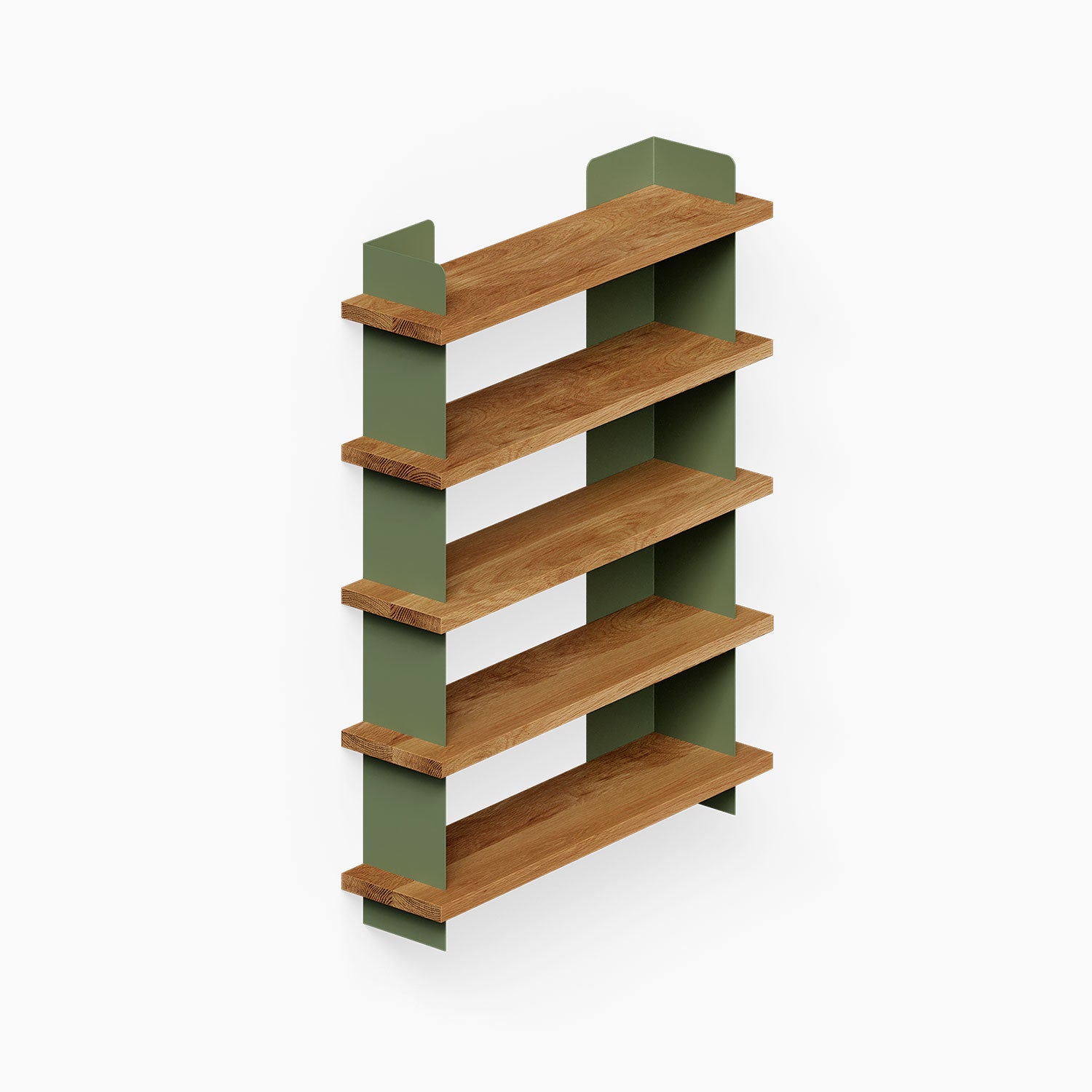 Nigel Bookshelf featuring solid hardwood shelves supported by olive green steel panels, combining durability and minimalist design for versatile wall display and organization.
