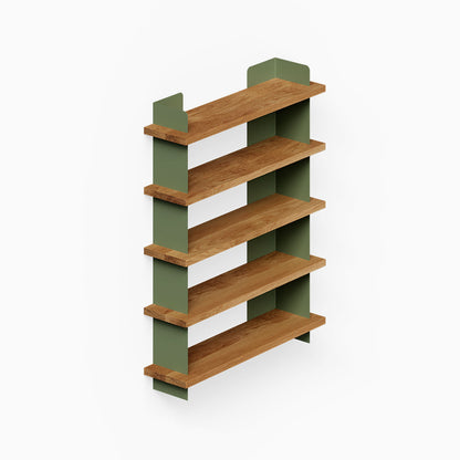 Nigel Bookshelf featuring solid hardwood shelves supported by olive green steel panels, combining durability and minimalist design for versatile wall display and organization.