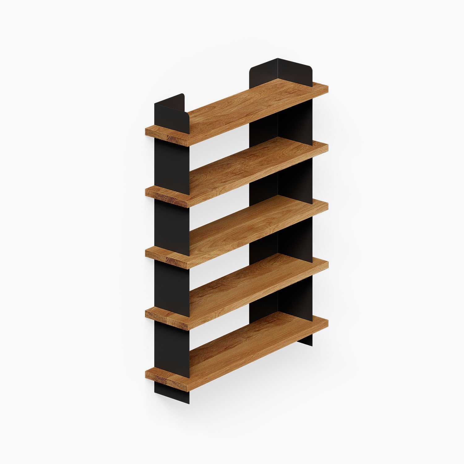 Nigel Bookshelf with mixed-material design featuring warm white oak shelves and sleek black steel supports, ideal for functional wall storage.