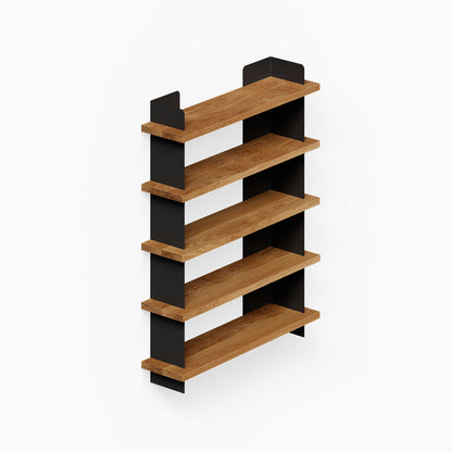 Nigel Bookshelf with mixed-material design featuring warm white oak shelves and sleek black steel supports, ideal for functional wall storage.