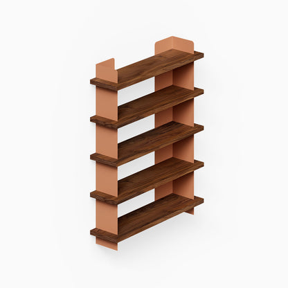 Nigel Bookshelf with warm walnut wood shelves and muted rust-colored vertical supports, offering a minimalist and functional wall storage solution.