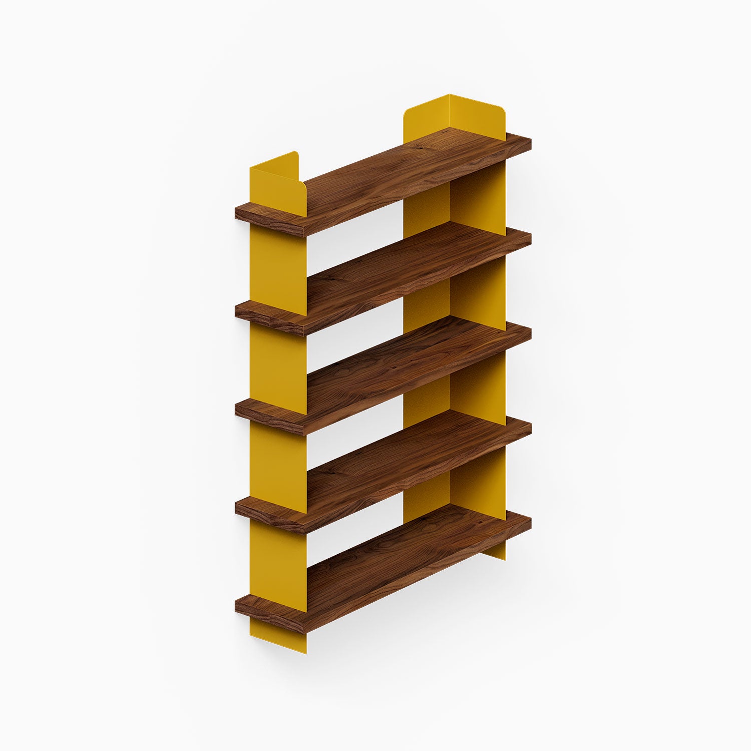Nigel Bookshelf featuring rich walnut wood shelves supported by bold yellow metal side panels, offering a functional and stylish wall storage solution.