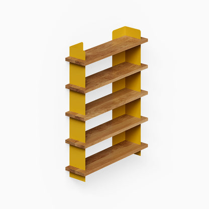 Nigel Bookshelf featuring sturdy solid hardwood shelves with vibrant yellow metal supports, combining functional wall shelves and modern design.