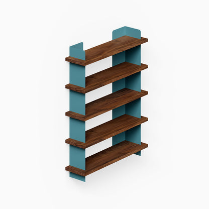 Minimalist Nigel Bookshelf featuring warm walnut wood shelves and steel frame in teal, designed for efficient wall storage and display.