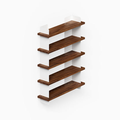 Nigel Bookshelf in minimalist design featuring rich walnut wood shelves supported by sleek white vertical panels, perfect for organized wall display.