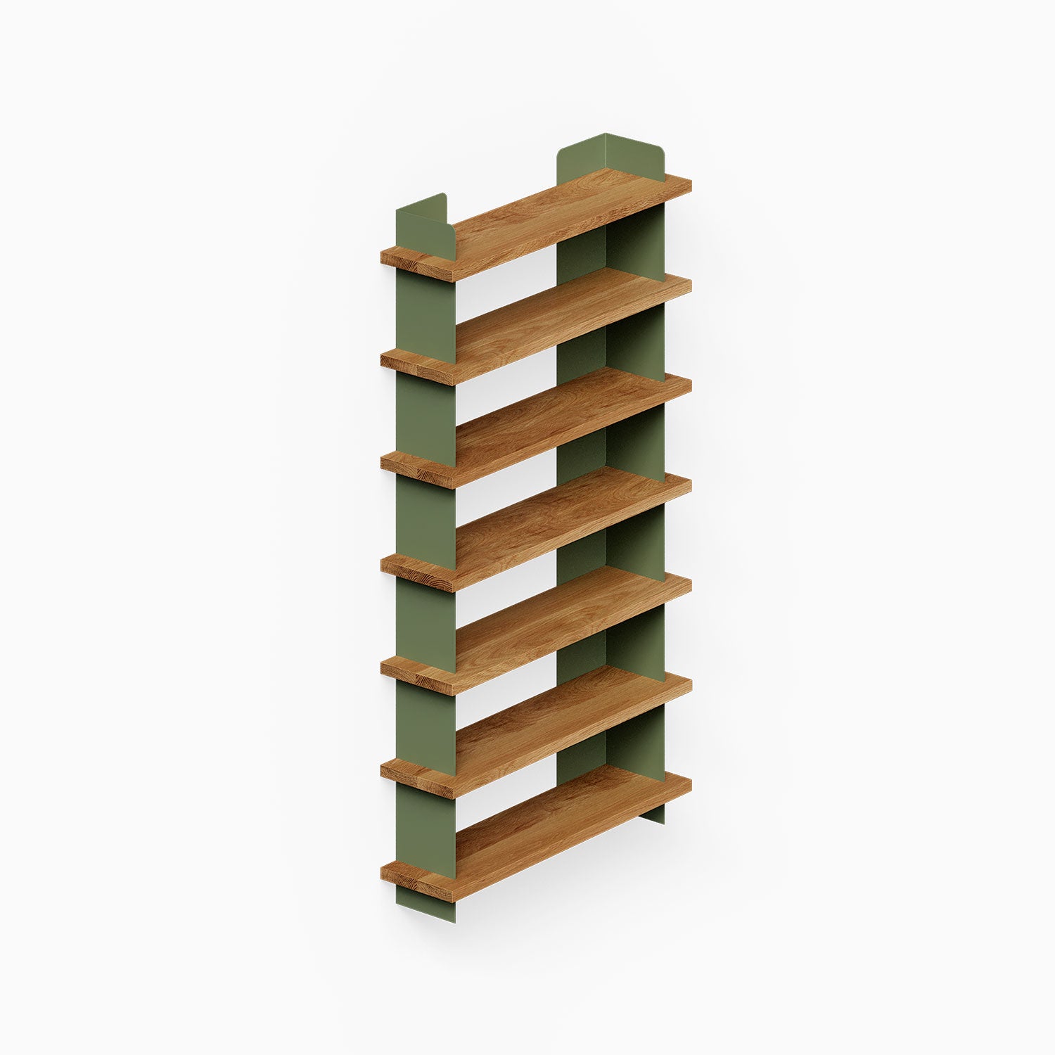 Nigel Bookshelf features six solid hardwood shelves with olive green steel supports, combining minimalist design and durable American-made materials for organizing and displaying treasures.