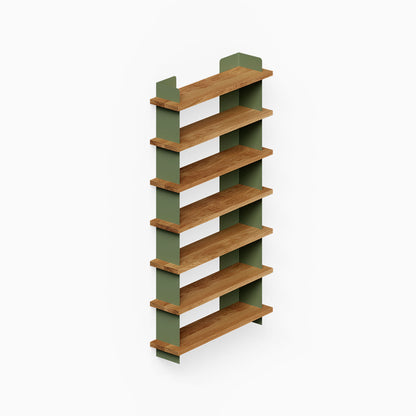Nigel Bookshelf features six solid hardwood shelves with olive green steel supports, combining minimalist design and durable American-made materials for organizing and displaying treasures.