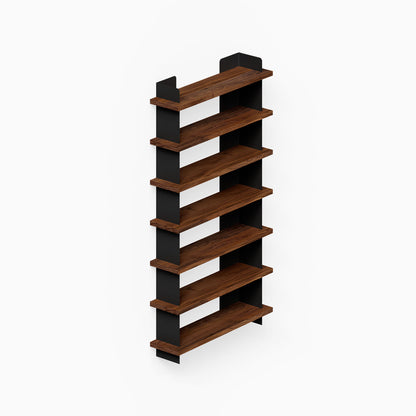 Nigel Bookshelf with mixed-material design featuring rich walnut wood shelves and black steel supports, perfect for stylish wall storage organization.