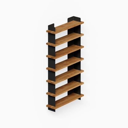Nigel Bookshelf featuring mixed wood and black metal design, enhancing wall organization with durable, American-made materials in a minimalist style.