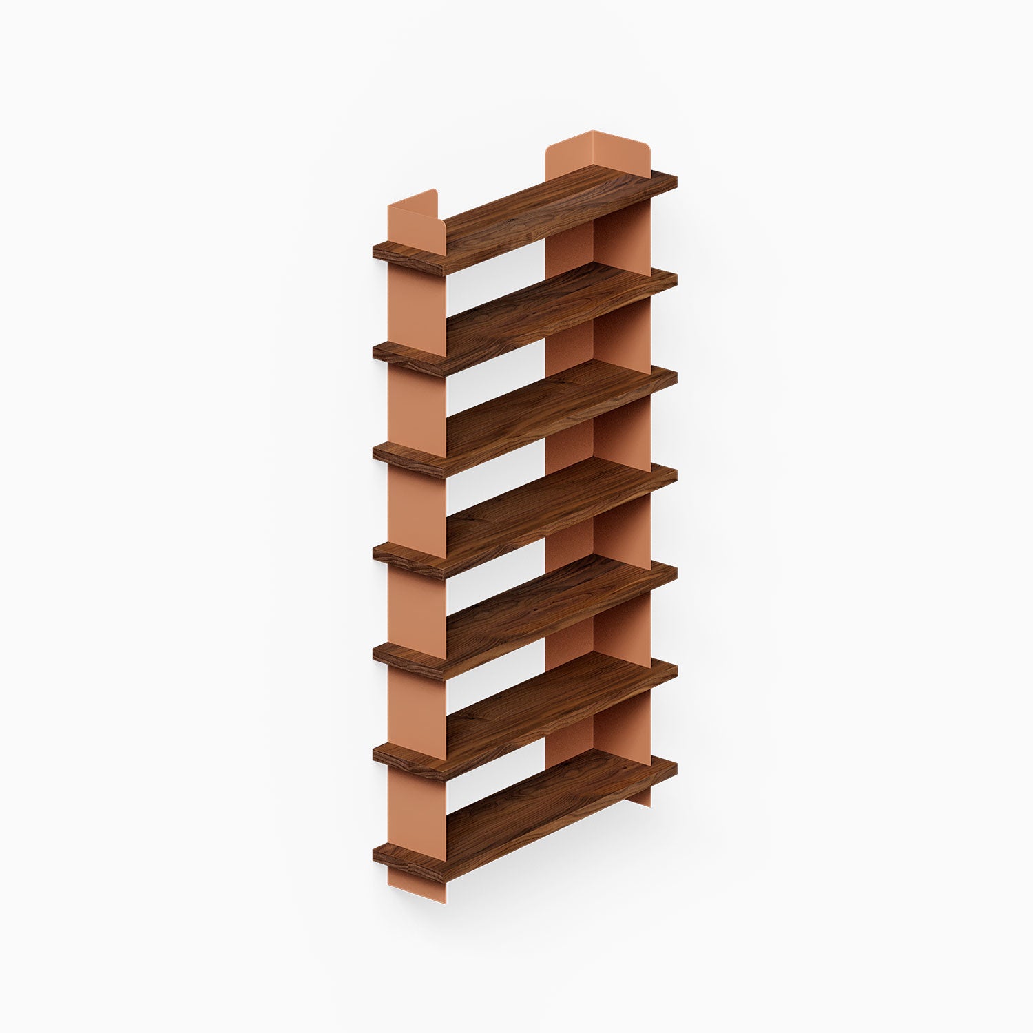 Nigel Bookshelf featuring a minimalist design with walnut wood shelves and muted clay-colored metal supports for stylish wall storage.
