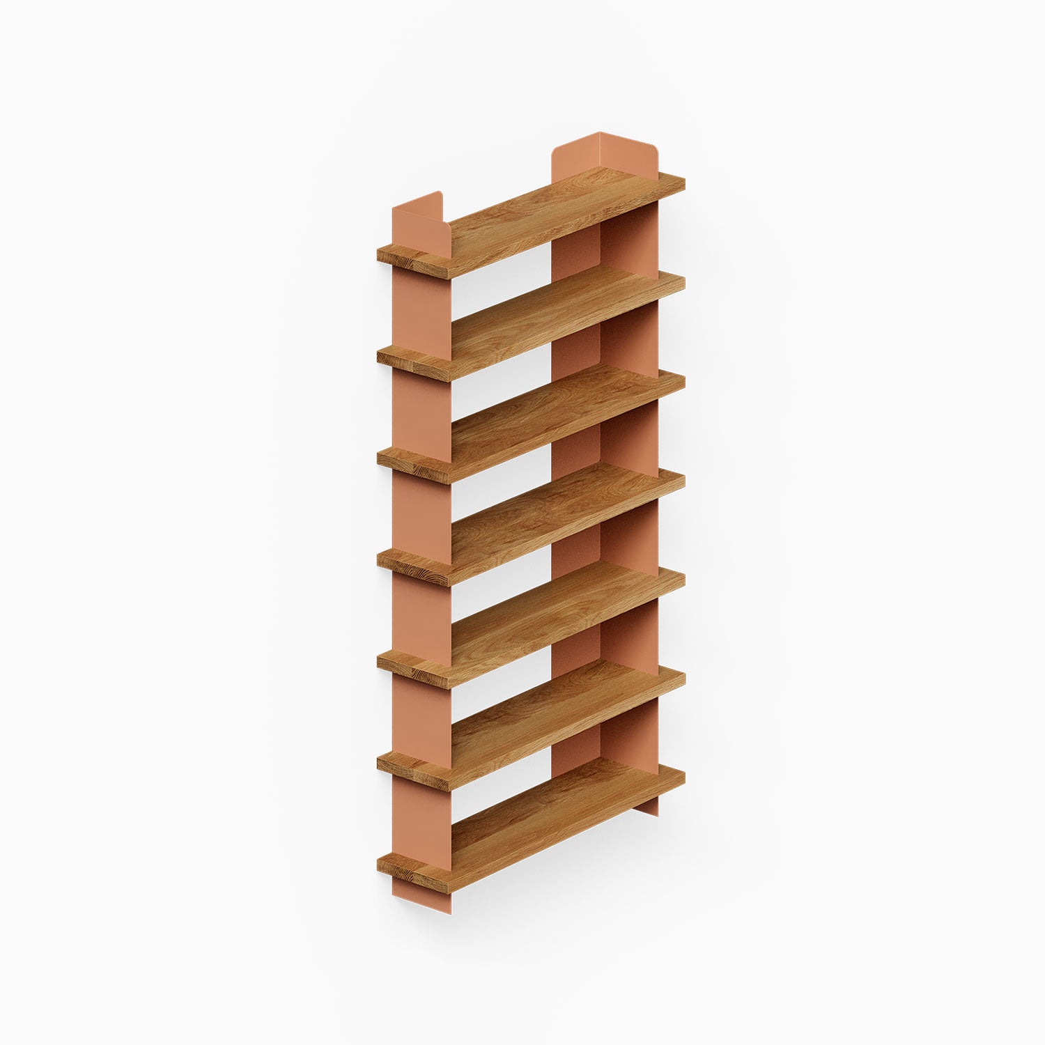 Nigel Bookshelf with warm wood shelves and muted clay-colored vertical supports, a minimalist mixed-material wall shelf for functional display and organization.