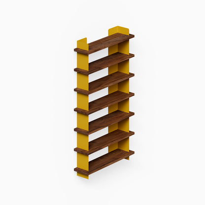 Nigel Bookshelf featuring solid hardwood shelves paired with vibrant yellow steel supports, combining mixed materials for stylish wall display and organization.