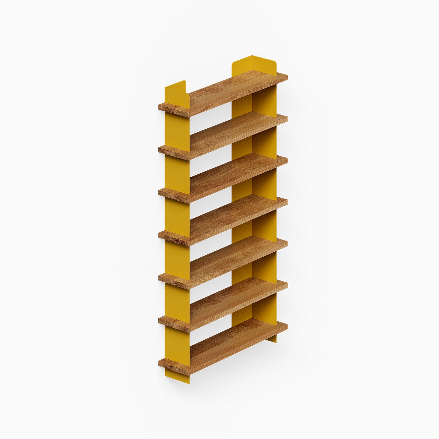 Nigel Bookshelf with solid hardwood shelves and vibrant yellow steel vertical supports, a functional wall shelf for stylish organization and display.