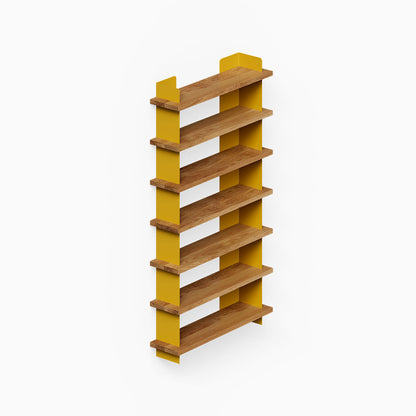 Nigel Bookshelf with solid hardwood shelves and vibrant yellow steel vertical supports, a functional wall shelf for stylish organization and display.