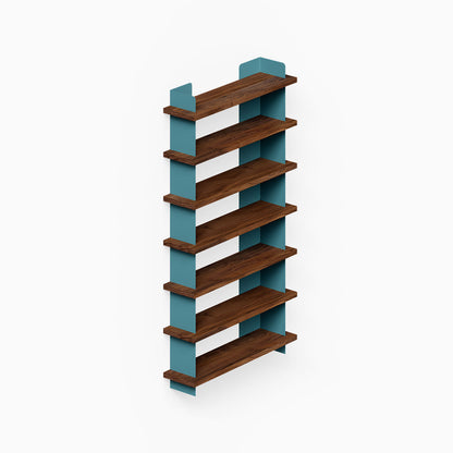 Nigel Bookshelf with rich walnut wood shelves and teal steel supports, combining solid hardwood and metal for a durable, minimalist wall shelf solution.