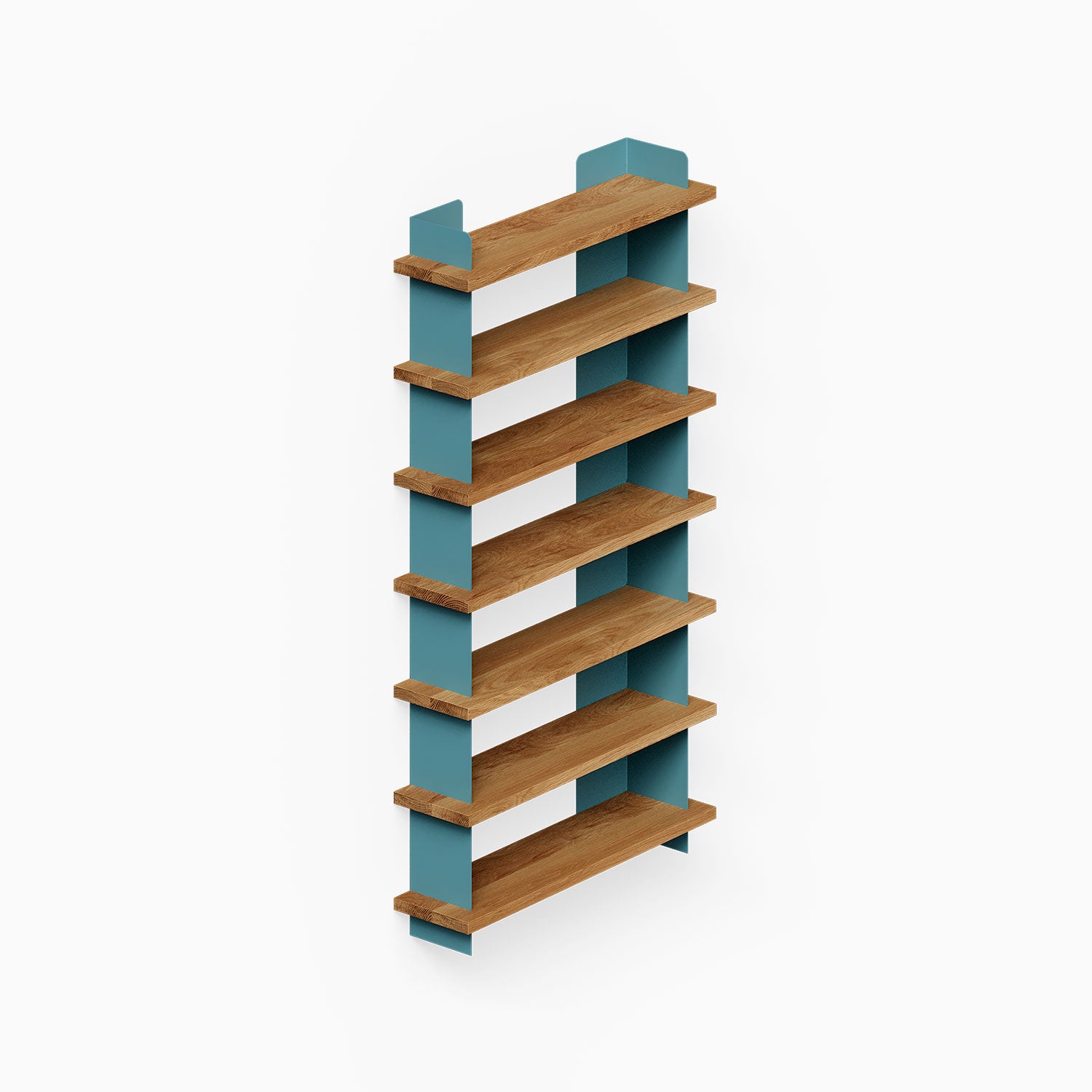 Nigel Bookshelf with solid hardwood shelves and blue steel frame, minimalist floating wall shelf designed for stylish organization and display.