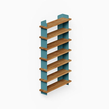 Nigel Bookshelf with solid hardwood shelves and blue steel frame, minimalist floating wall shelf designed for stylish organization and display.
