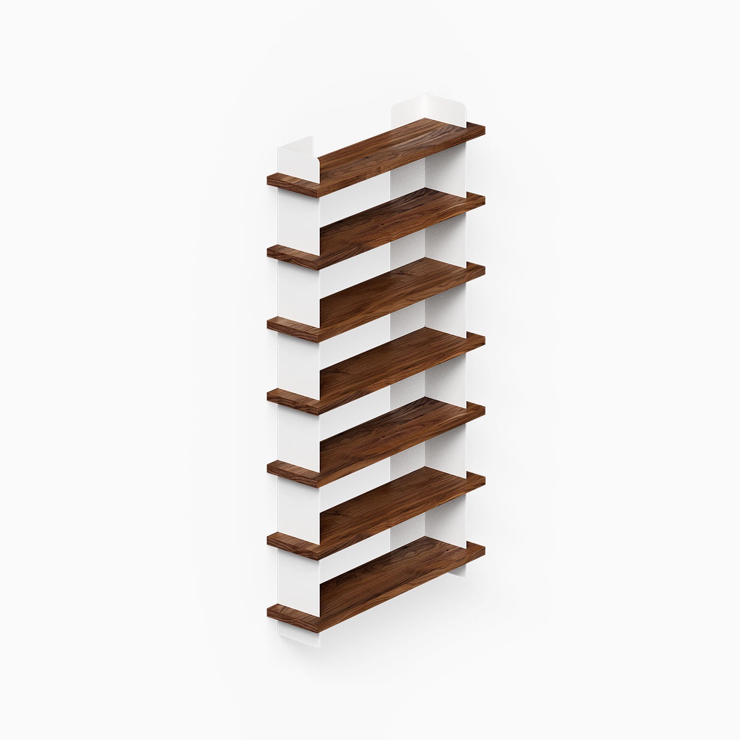 Nigel Bookshelf with minimalist white vertical supports and six rich walnut wood shelves, designed for elegant wall display and organization.