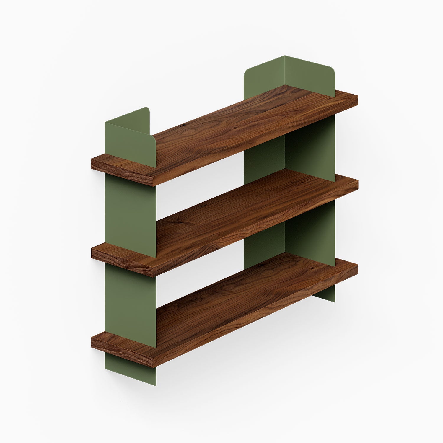 Nigel Bookshelf with solid hardwood walnut shelves and olive green steel supports, designed for durable, functional wall storage and display.