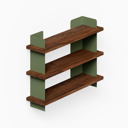 Nigel Bookshelf with solid hardwood walnut shelves and olive green steel supports, designed for durable, functional wall storage and display.