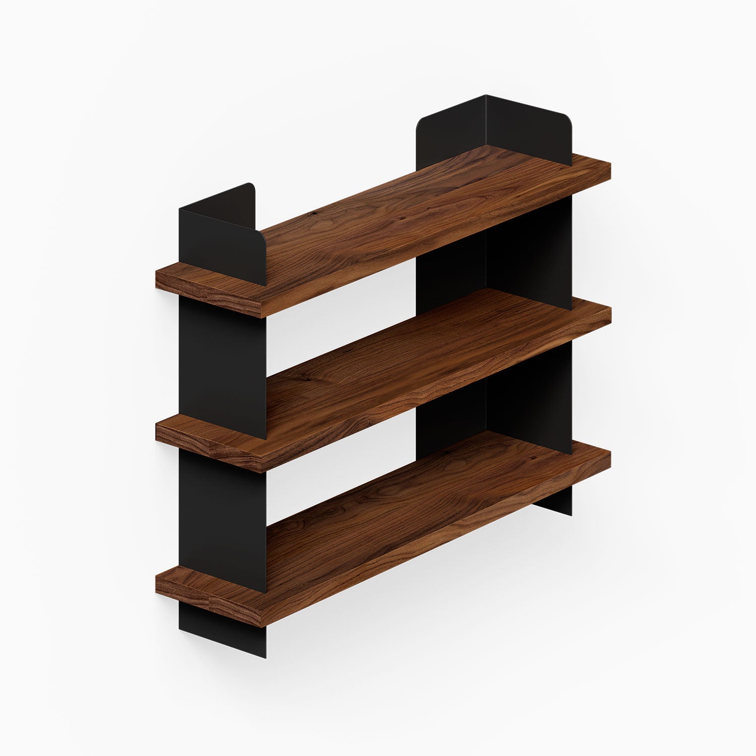 Nigel Bookshelf with three solid hardwood walnut shelves and black steel supports, designed for functional wall organization and display.