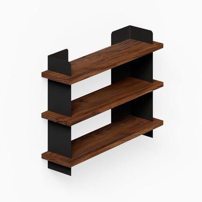 Nigel Bookshelf with three solid hardwood walnut shelves and black steel supports, designed for functional wall organization and display.