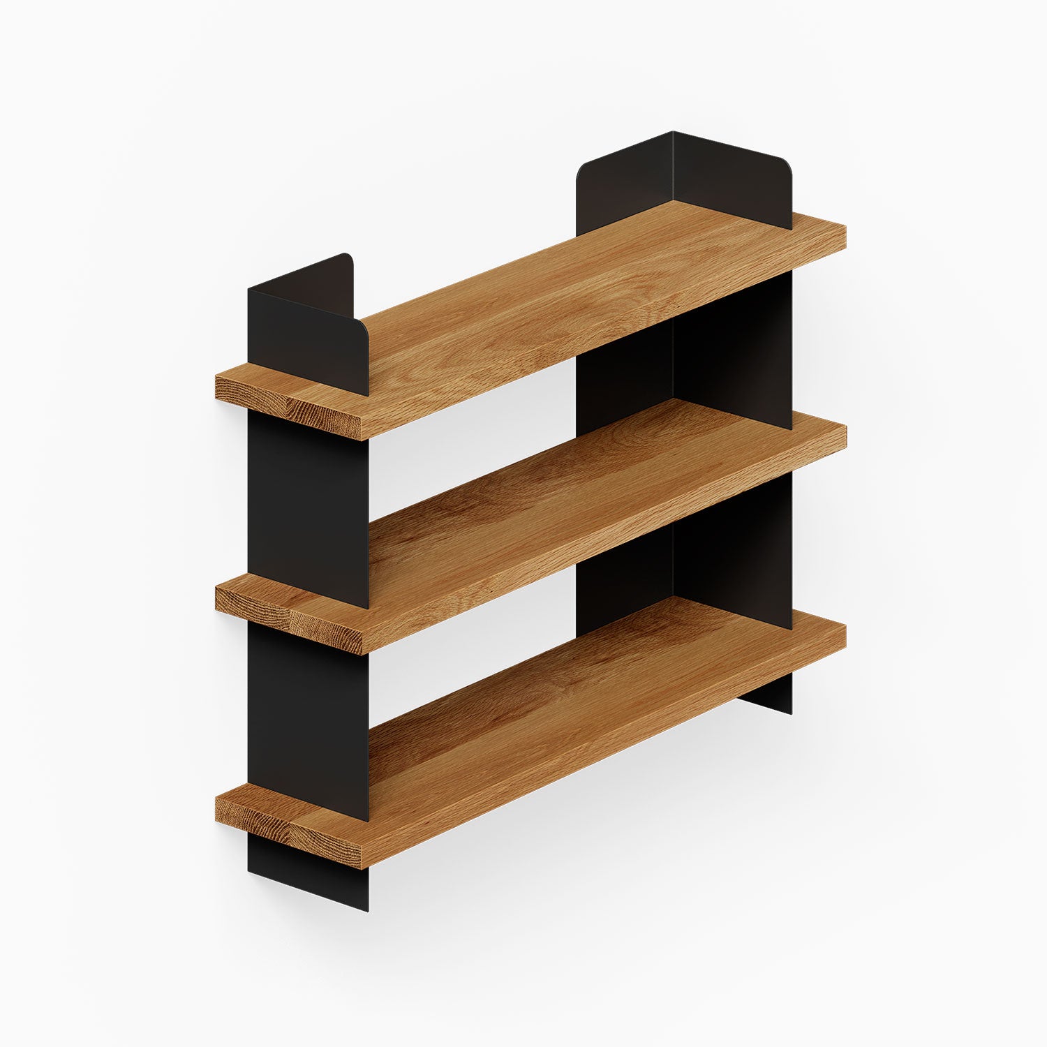 Nigel Bookshelf featuring solid wood shelves supported by black metal brackets, showcasing a minimalist, functional shelf and wall display.