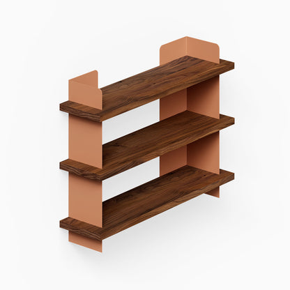 Nigel Bookshelf with three walnut wood shelves and rust-resistant steel supports in a minimalist design for functional wall storage and display.