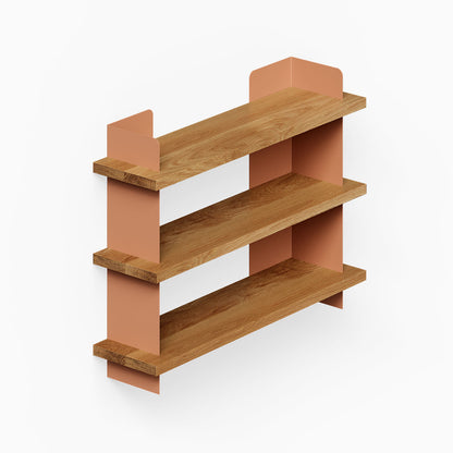 Nigel Bookshelf with three solid hardwood shelves supported by rust-resistant steel brackets in a warm clay color, designed for stylish wall organization.