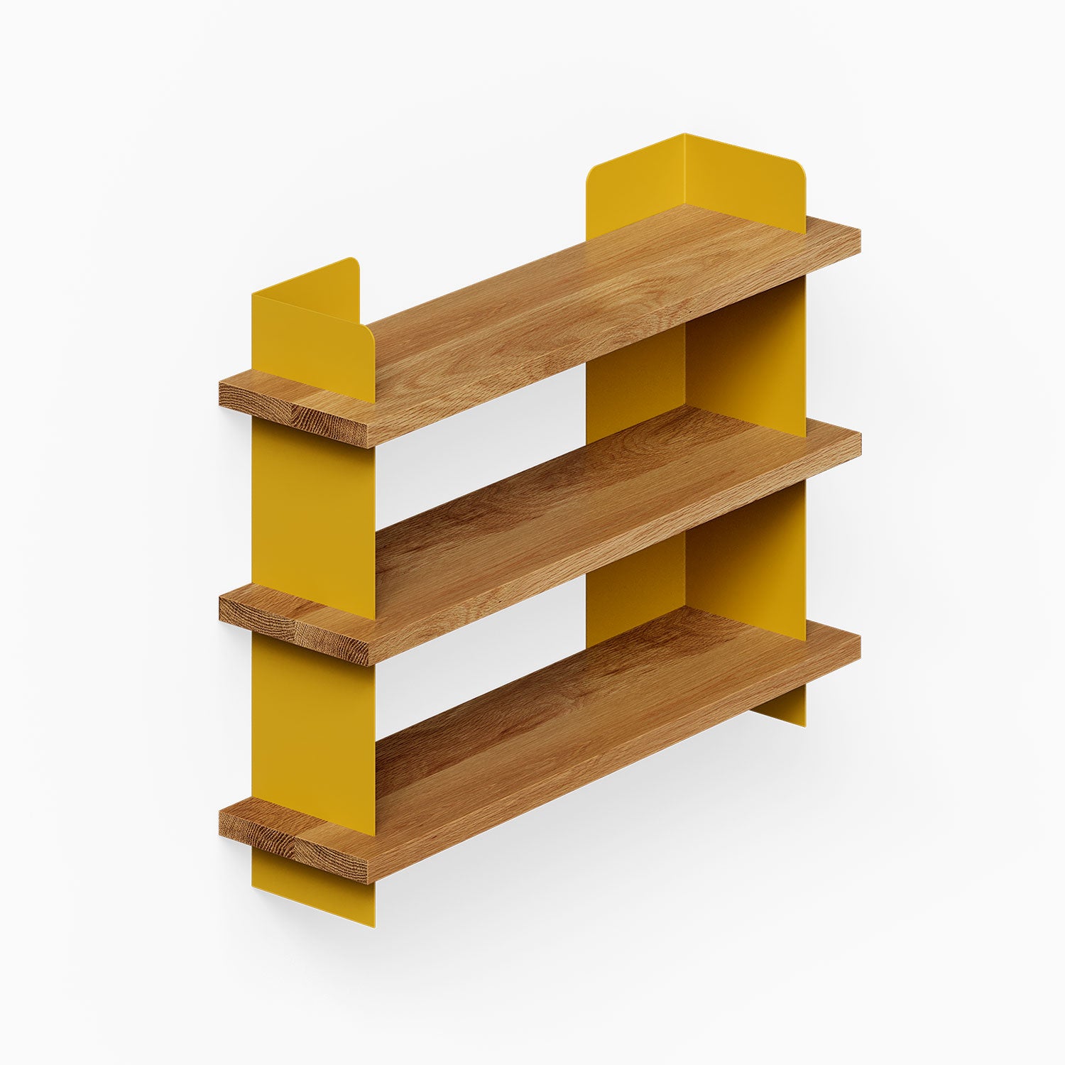 Nigel Bookshelf featuring solid hardwood shelves with vibrant yellow metal supports, designed for stylish wall display and organization.