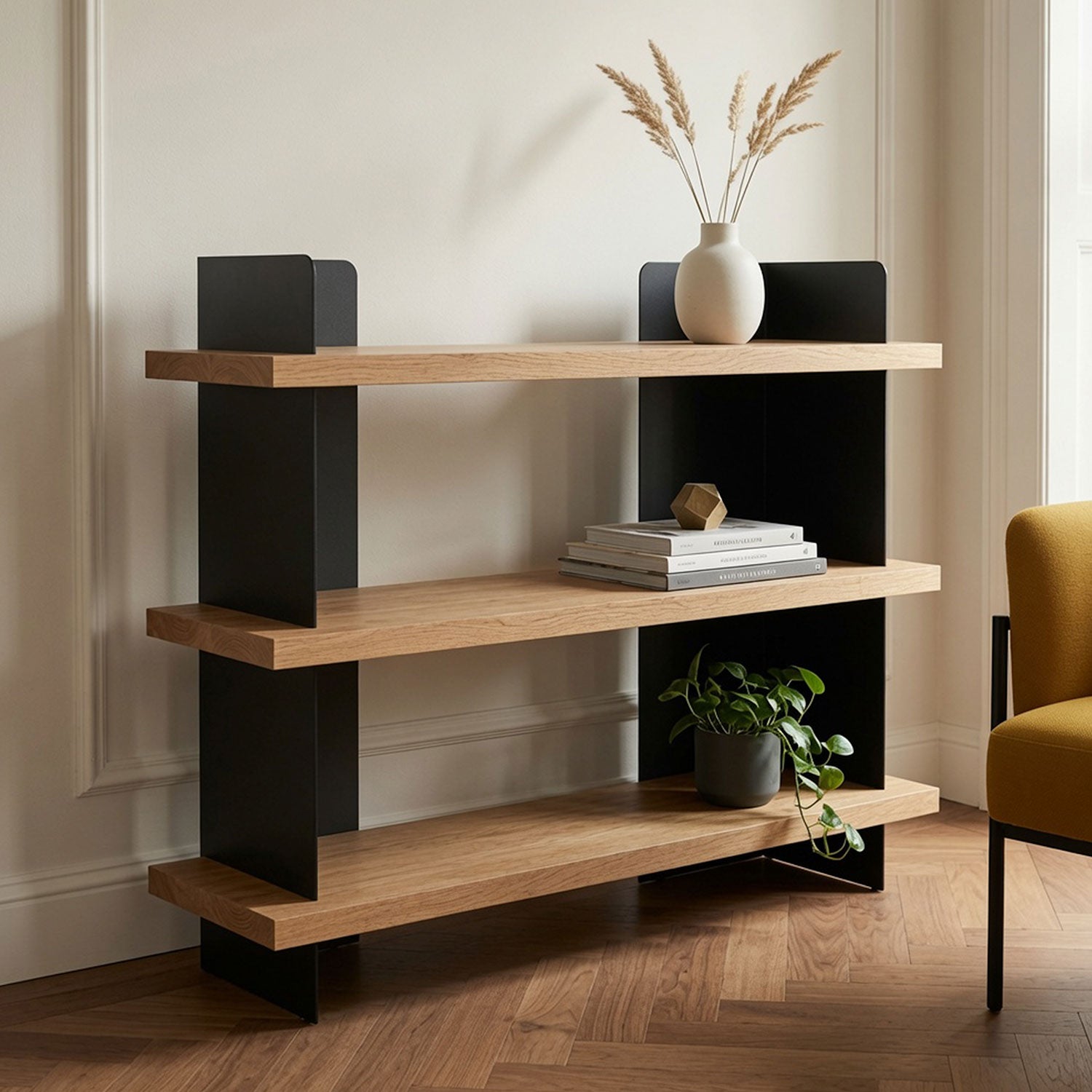 Nigel Bookshelf in mixed wood and black metal, styled with books, a white vase, and a small plant, showcasing functional minimalist wall display.