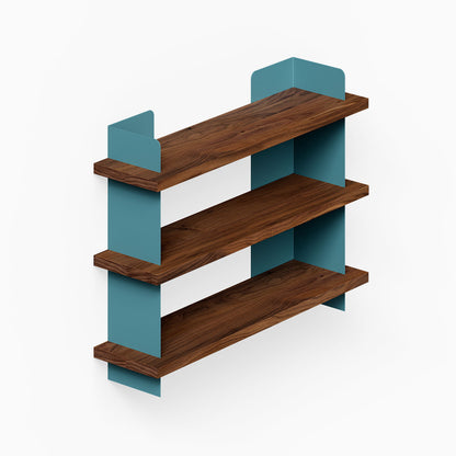 Nigel Bookshelf with warm walnut wood shelves and teal steel supports, a mixed-material wall shelf combining durable hardwood and metal for organized living spaces.