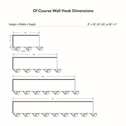 Technical line drawings showing dimensions and configurations of the Of Course Wall Hook in multiple lengths, designed for versatile wall organization and display.