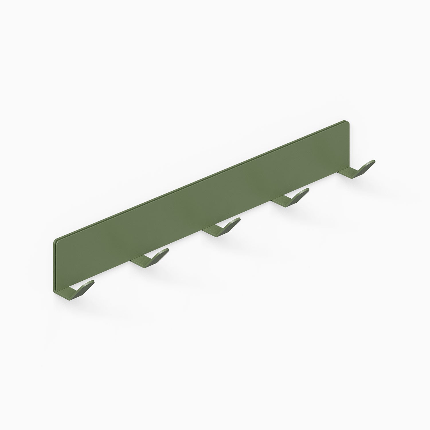 Of Course Wall Hook in muted green metal with five evenly spaced hooks, designed for minimalist, functional wall organization.