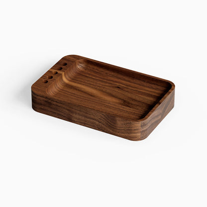 Scranton Office Tray crafted from rich walnut wood, minimalist design with dedicated slots for organizing small office essentials.