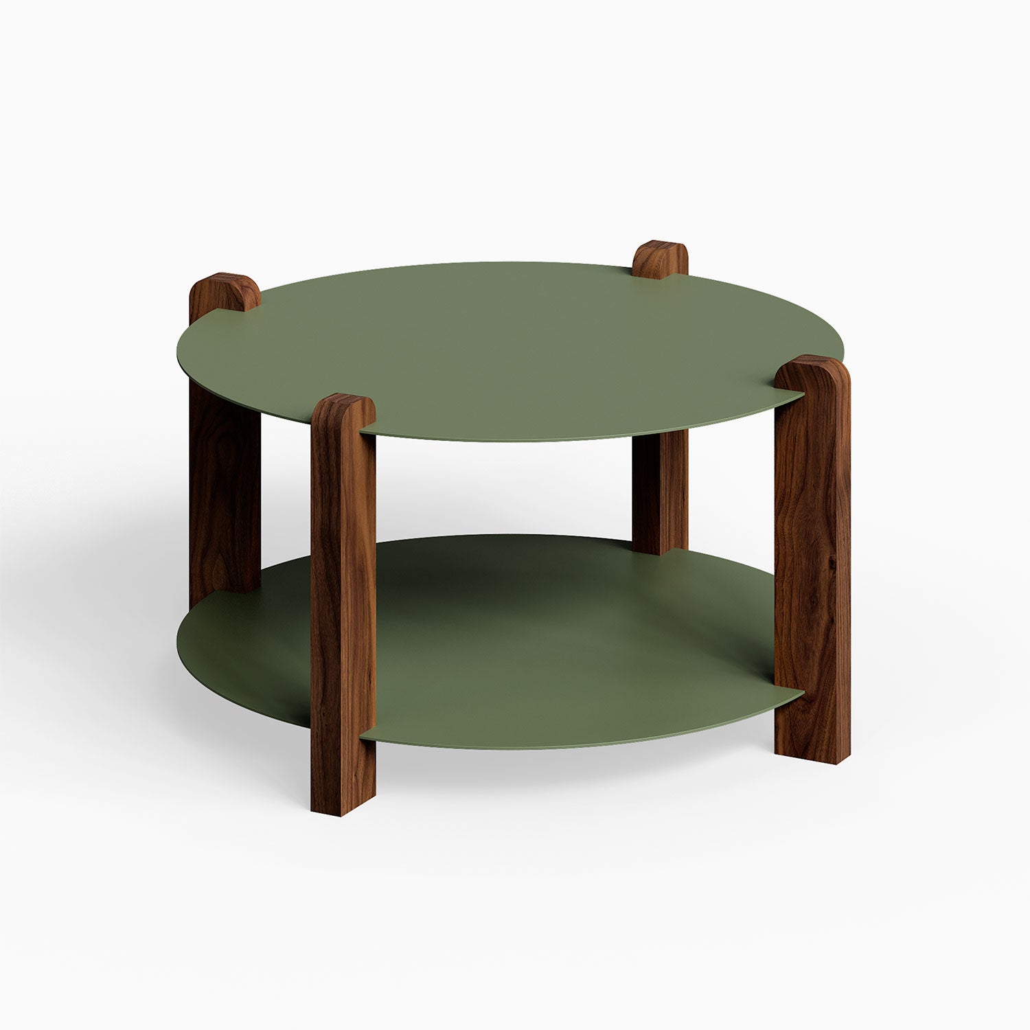 Otis Round Coffee Table with a minimalist design featuring muted green metal shelves and solid walnut wood legs for functional modern living.