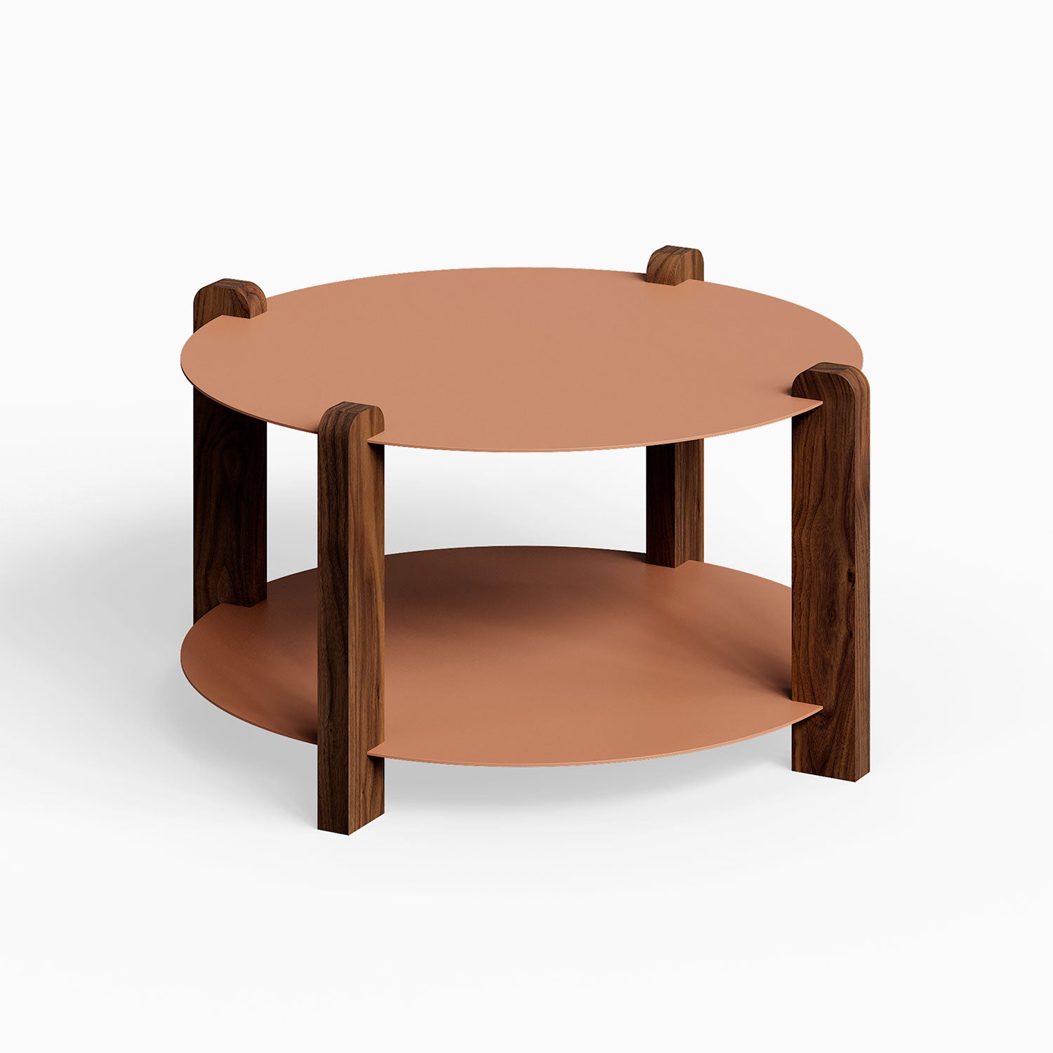 Otis Round Coffee Table featuring a minimalist two-tier design with mixed walnut wood legs and smooth clay-toned shelves for functional living spaces.