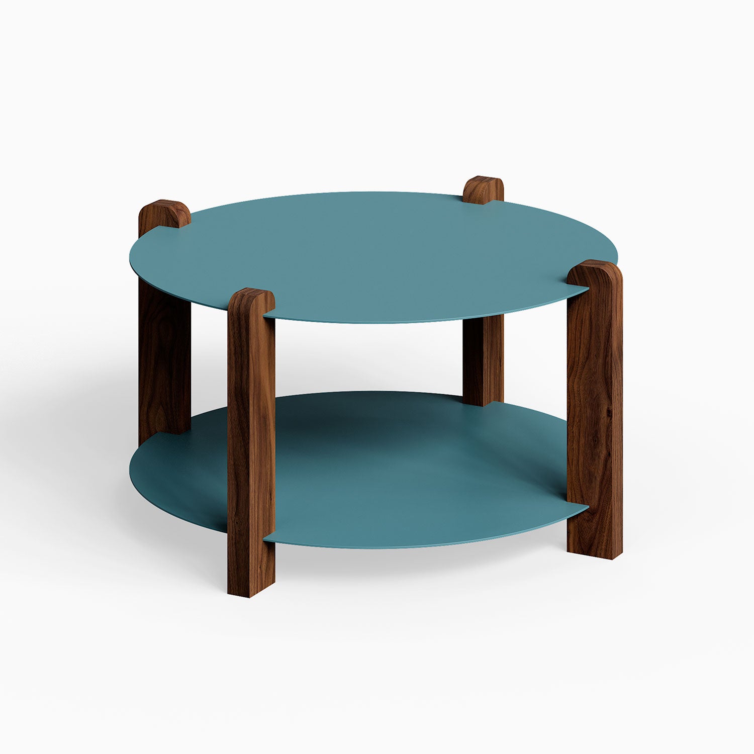 Otis Round Coffee Table with round teal metal shelves and solid walnut wood legs, blending modern design with durable American-made craftsmanship.