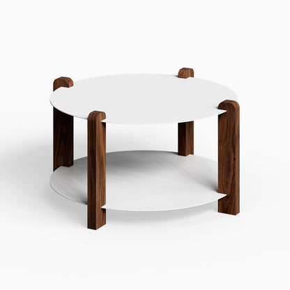 Otis Round Coffee Table with minimalist walnut wood legs and two round white shelves for functional modern living spaces.